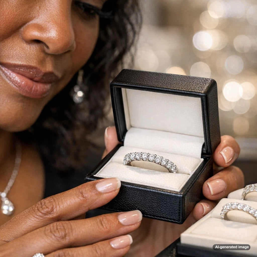 Close up view of a shared prong diamond band ring showing diamonds held by V-shaped prongs
