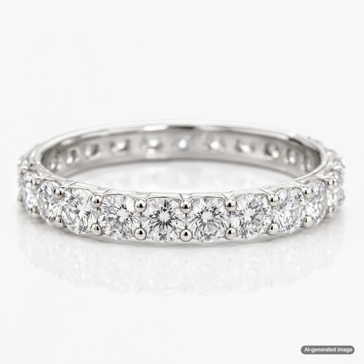 An elegant shared-prong diamond band showcasing a continuous line of sparkling diamonds with minimal metal, held gracefully between two fingers.