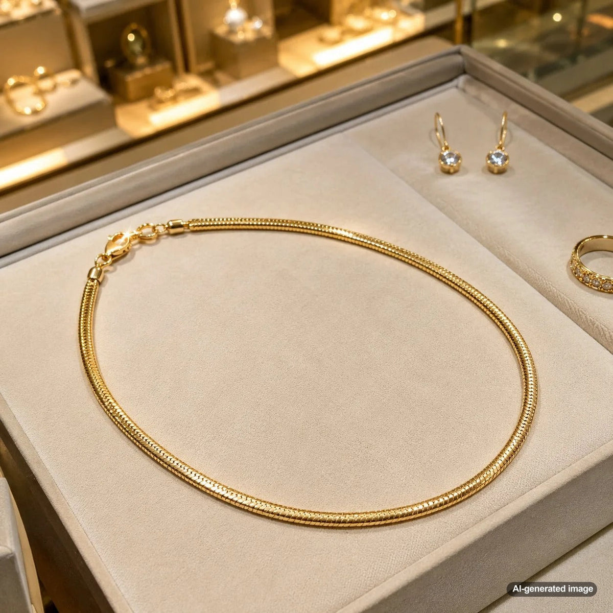 Close-up view of a polished snake chain displaying its smooth interlocking construction and reflective finish