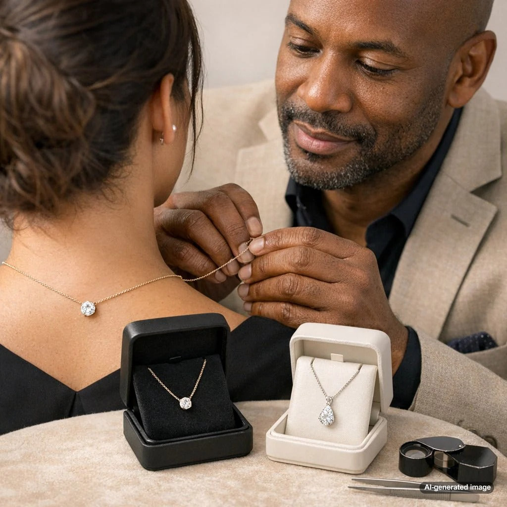A side-by-side comparison of a classic solitaire necklace and a designer diamond pendant on a light blue surface.