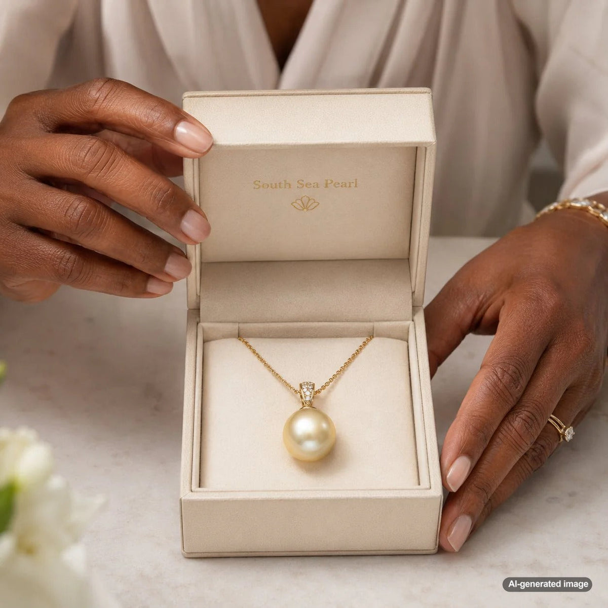 Luxurious South Sea pearl jewelry collection featuring a golden pearl necklace and earrings showcased at Robinson's Jewelers