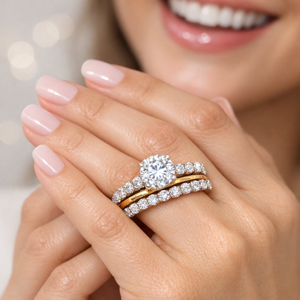 Close-up image of a woman's hand wearing an engagement ring and wedding band separated by a thin gold spacer band, showcasing ring stacking and protection