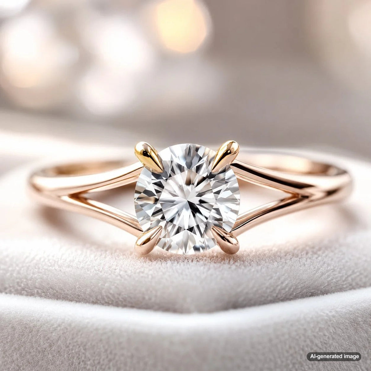 Close up detail of a split-prong setting holding a diamond on an engagement ring