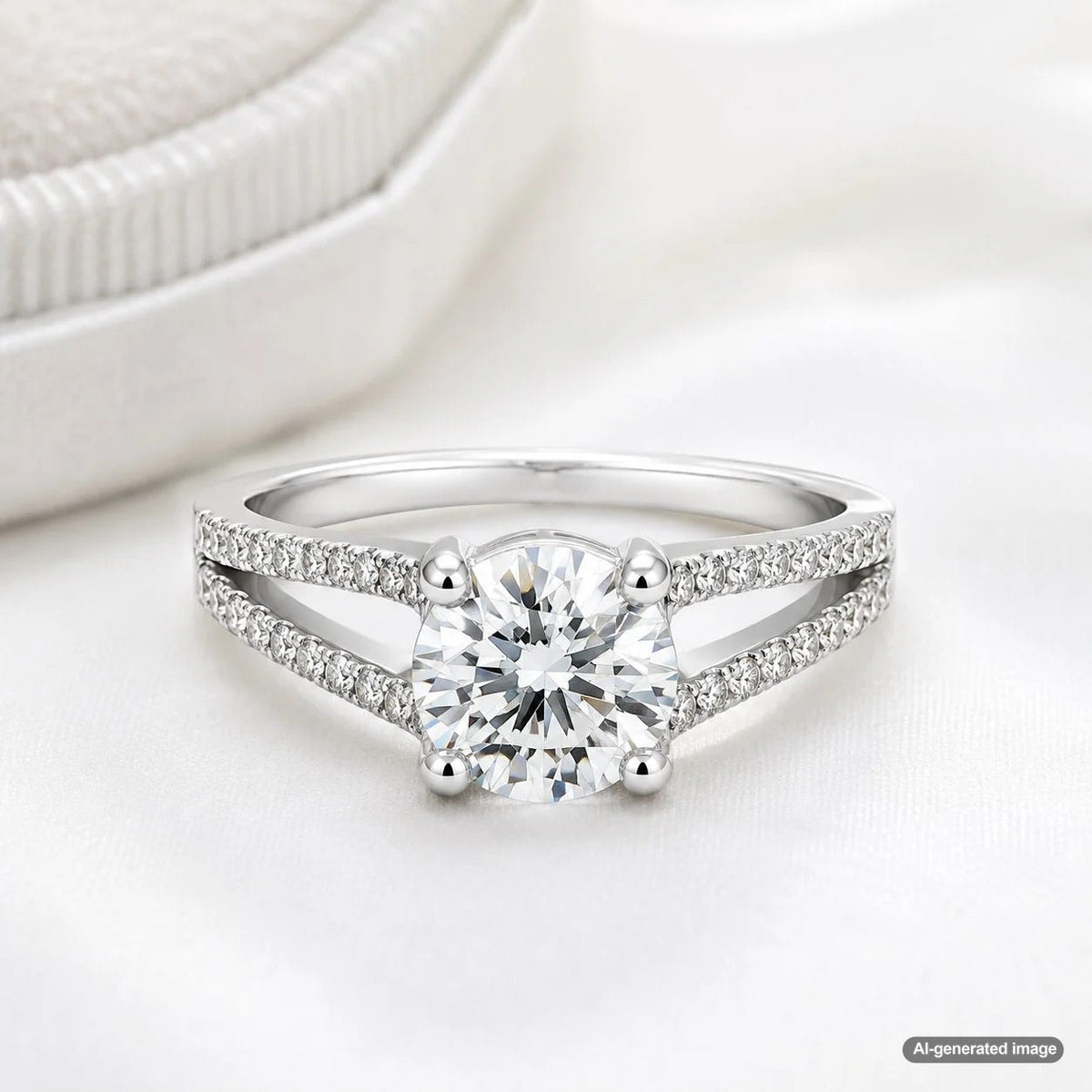 A stunning example of a split-shank engagement ring from Robinson's Jewelers, showcasing the band dividing into two elegant strands.