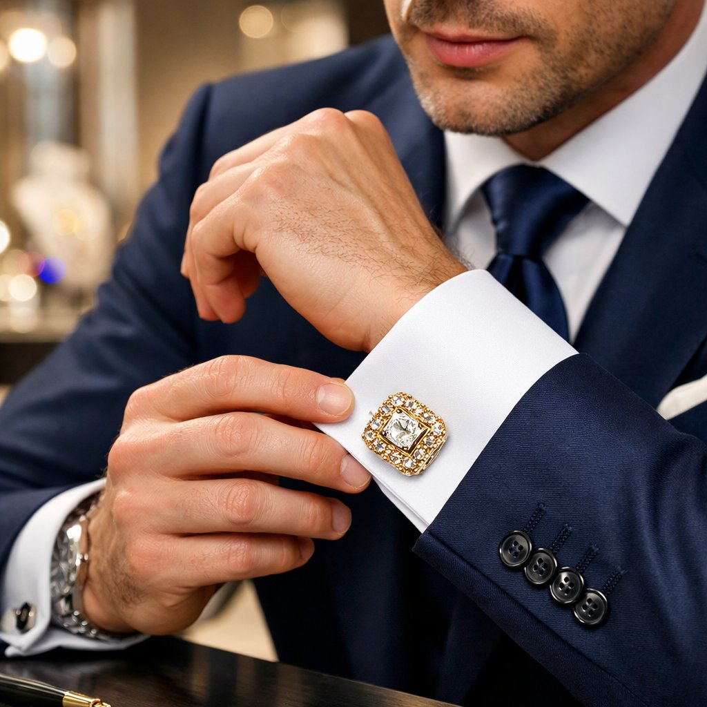 A close-up view of elegant diamond and gold statement cufflinks resting on a crisp white French cuff shirt, paired with a formal suit.