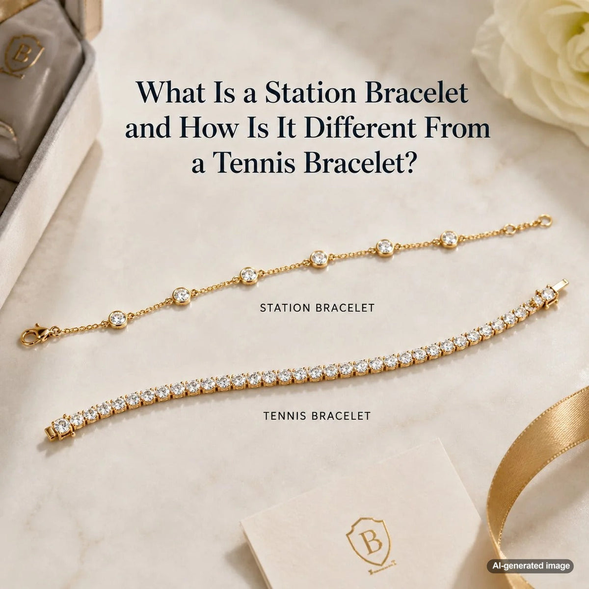 Station bracelet and tennis bracelet showing the difference between spaced gemstone accents and continuous diamond settings