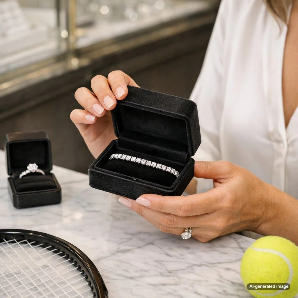 A stunning diamond tennis bracelet sparkling on a wrist, highlighting the classic in-line design and brilliant gemstones featured at Robinson's Jewelers.
