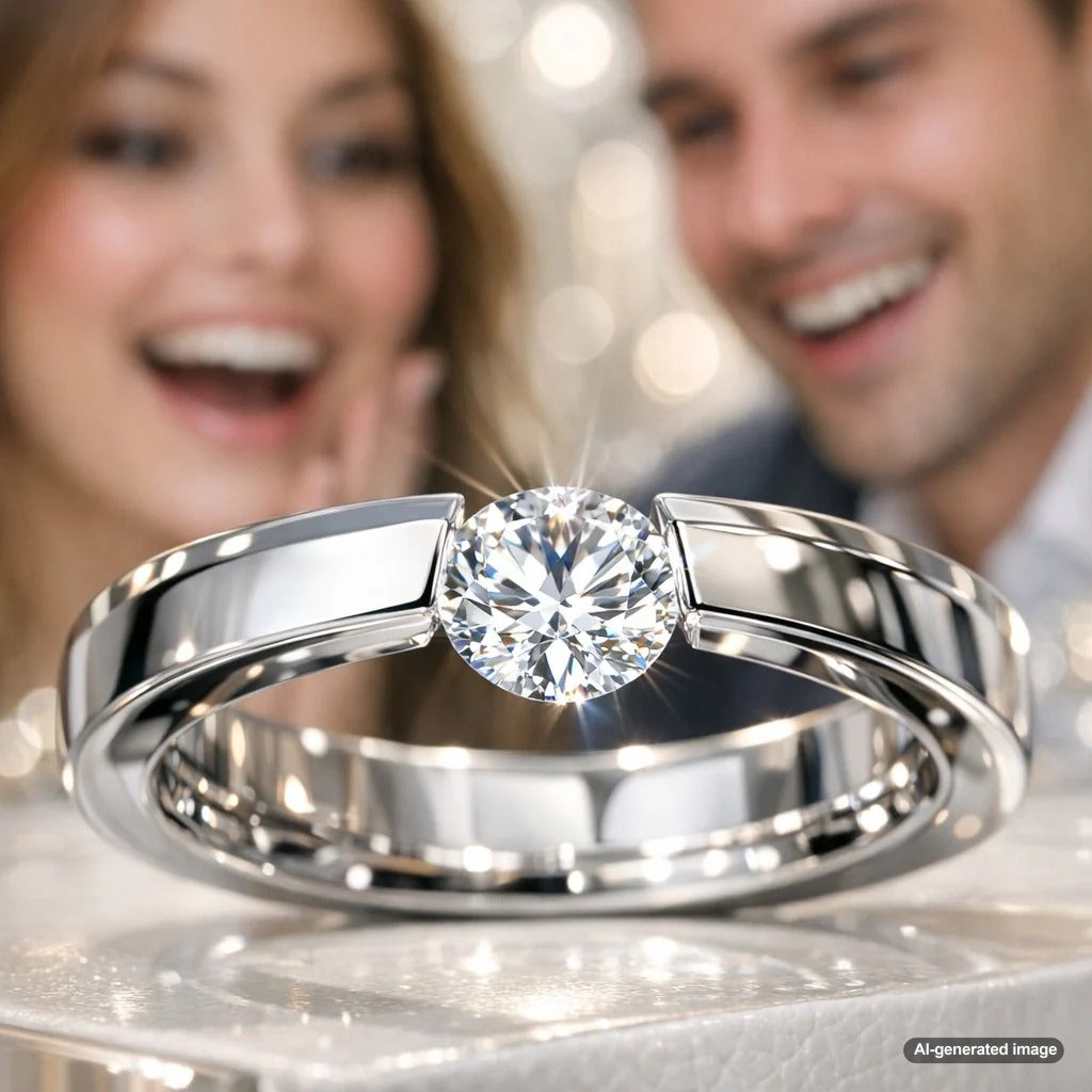 Close-up side view of a stunning tension-set engagement ring with a brilliant round diamond appearing to float magically between two sleek metal bands.