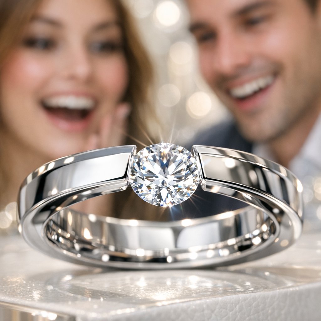 Close-up side view of a stunning tension-set engagement ring with a brilliant round diamond appearing to float magically between two sleek metal bands.