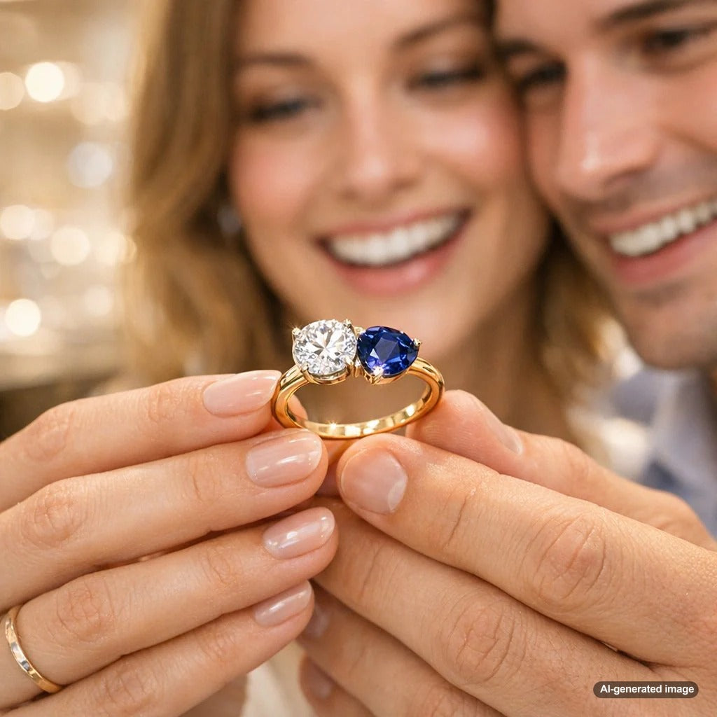 A stunning Toi et Moi ring featuring two pear-shaped diamonds set in a delicate gold band, symbolizing the romantic 'You and Me' concept, perfect for engagements.