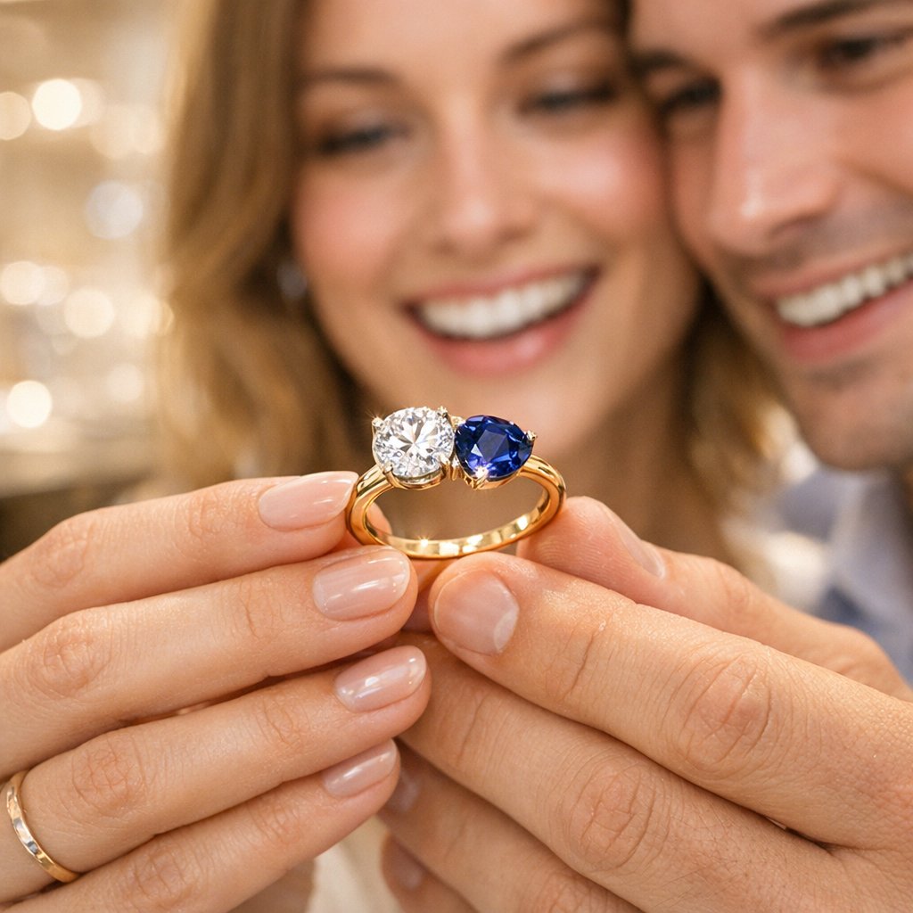 A stunning Toi et Moi ring featuring two pear-shaped diamonds set in a delicate gold band, symbolizing the romantic 'You and Me' concept, perfect for engagements.
