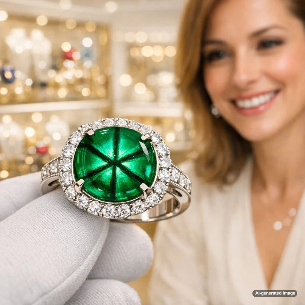 Close-up macro photograph of a stunning Trapiche Emerald cabochon, showcasing its unique six-pointed star pattern radiating from a dark core against a velvety green background.