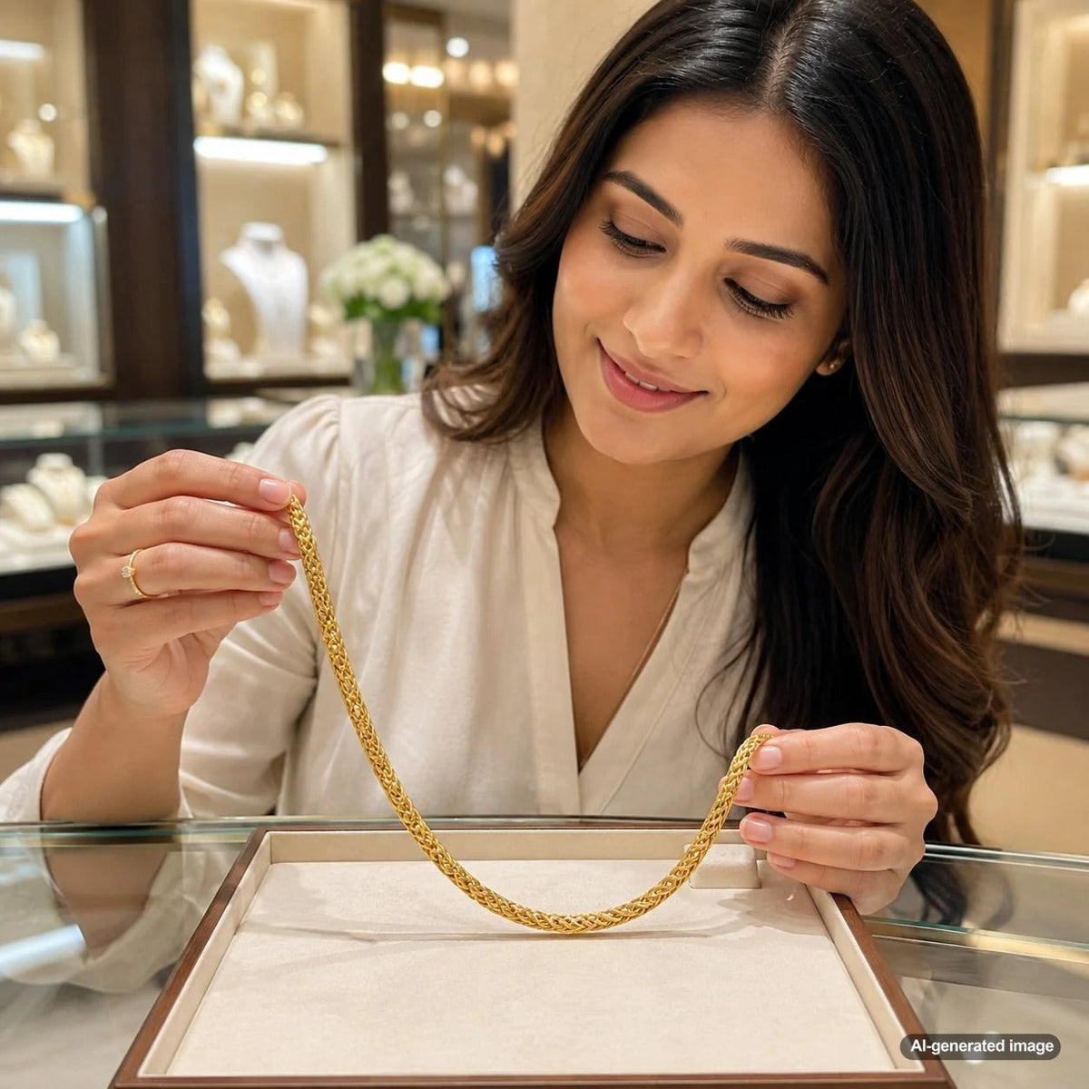 A stunning close-up of a gold wheat chain necklace, showcasing its intricate woven design and brilliant shine.
