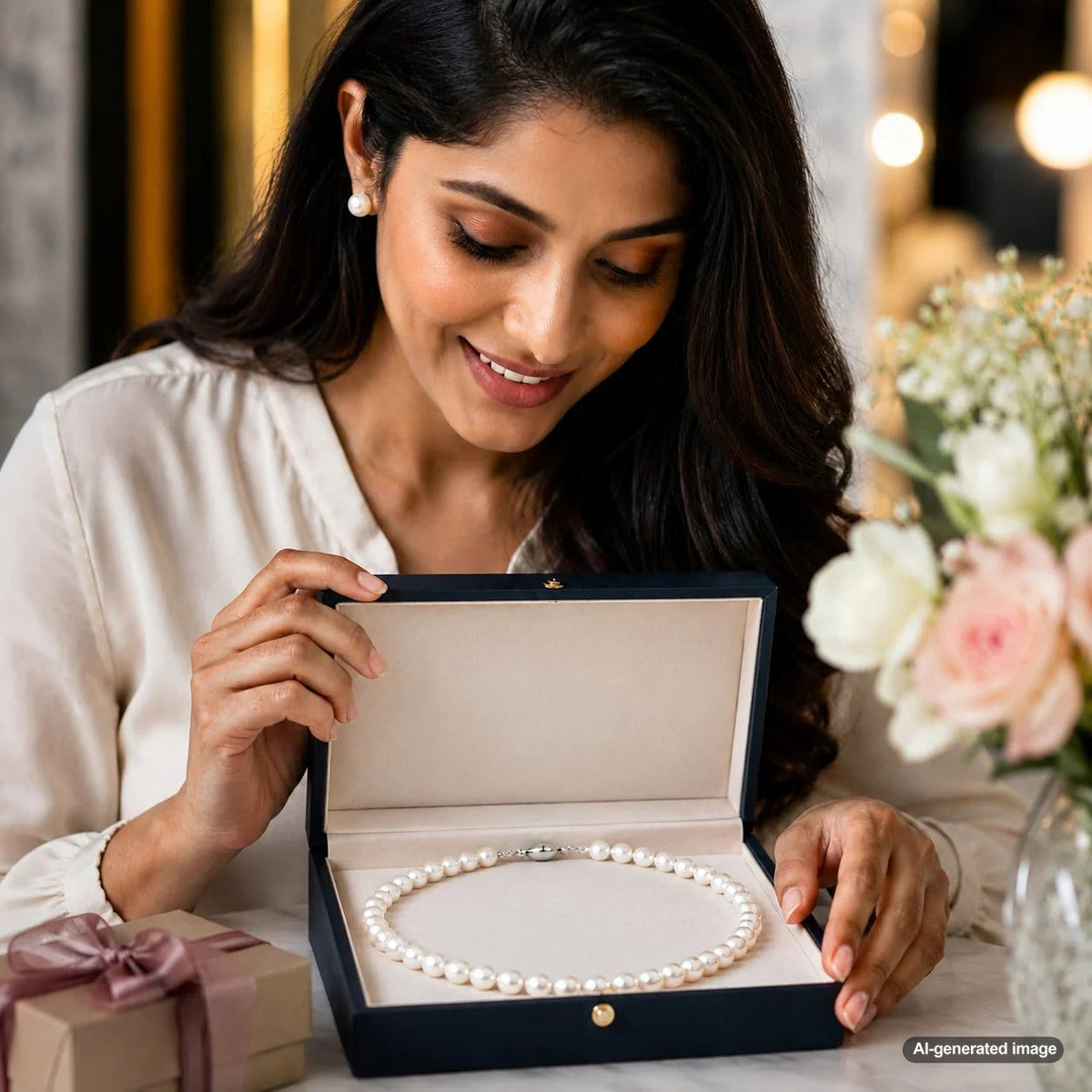 Beautiful Akoya pearl necklace and earrings set displayed on a white surface, showcasing their classic luster and elegance.