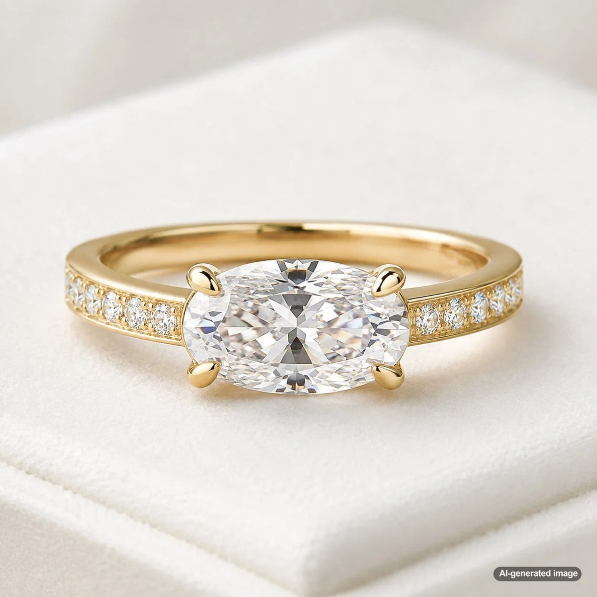 A modern East-West diamond engagement ring showcasing a horizontally set emerald cut diamond on a gold band, displayed against a stylish background.