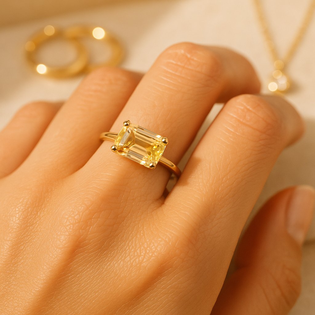East-west set emerald cut diamond ring displayed horizontally across finger showing modern jewelry setting