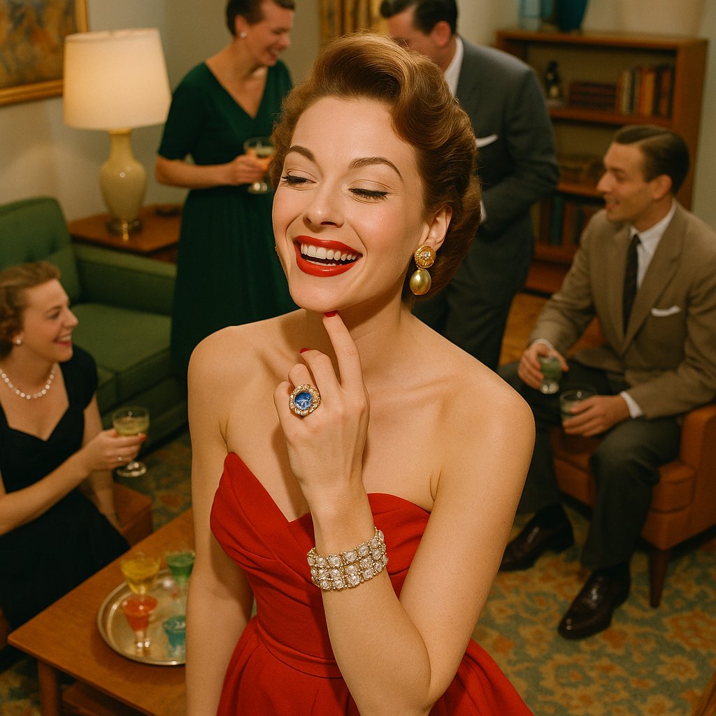 Vintage cocktail jewelry collection featuring bold rings, bracelets and necklaces from the 1940s-1950s