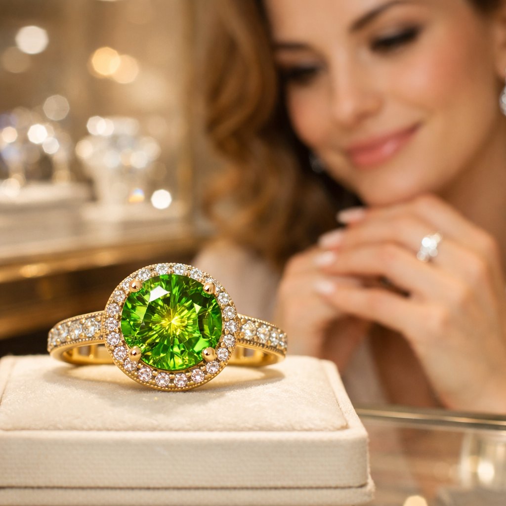 A stunning close-up of a faceted demantoid garnet showcasing its vibrant green color and brilliant fire, with visible golden horsetail inclusions radiating from its center.