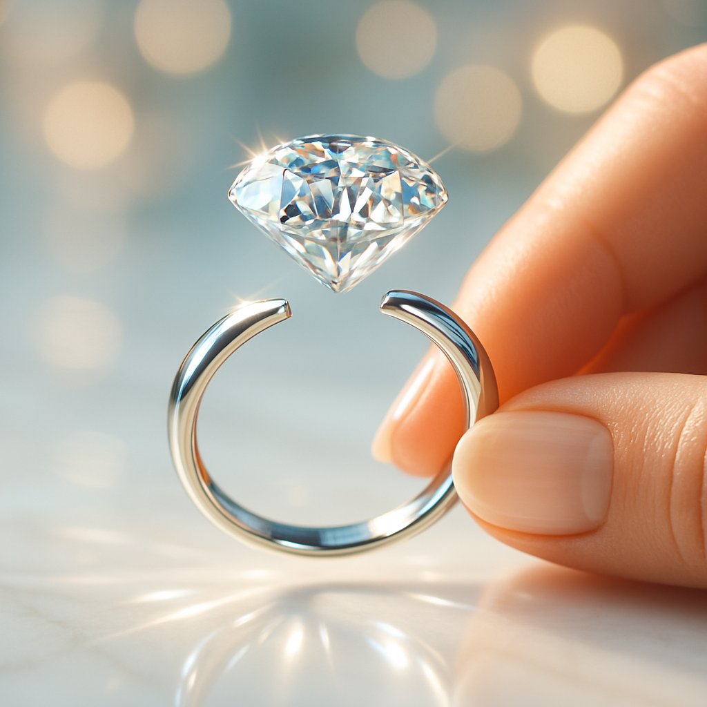 Close-up photo of a stunning floating set diamond engagement ring, showcasing the diamond seemingly suspended above the band with incredible sparkle.