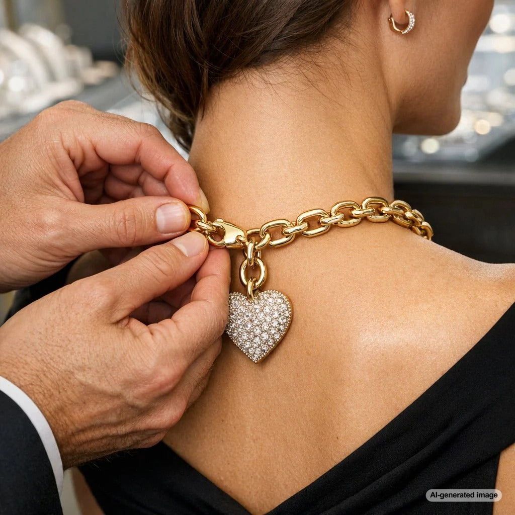 A curated display of middle-weight bold chains and supersized charms including a Miami Cuban link and a large medallion pendant at Robinson's Jewelers.