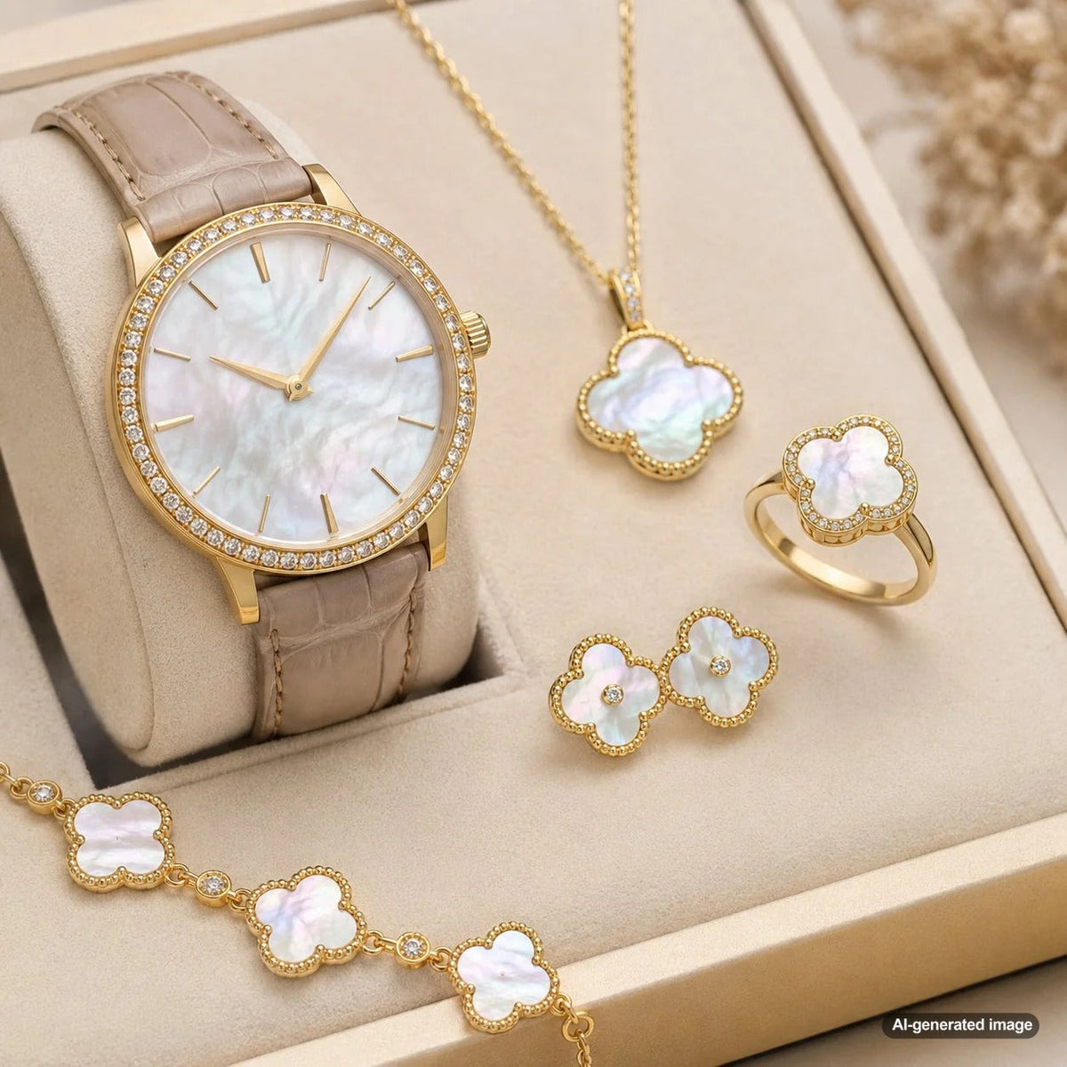 A shimmering collection of mother-of-pearl jewelry and watches displayed elegantly on a soft surface, showcasing the iridescent play of colors and organic beauty of nacre.