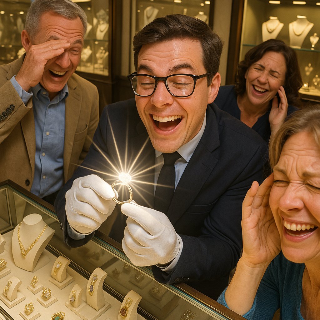 Close-up image showing the difference between rhodium-plated white gold and worn rhodium revealing yellowish metal beneath