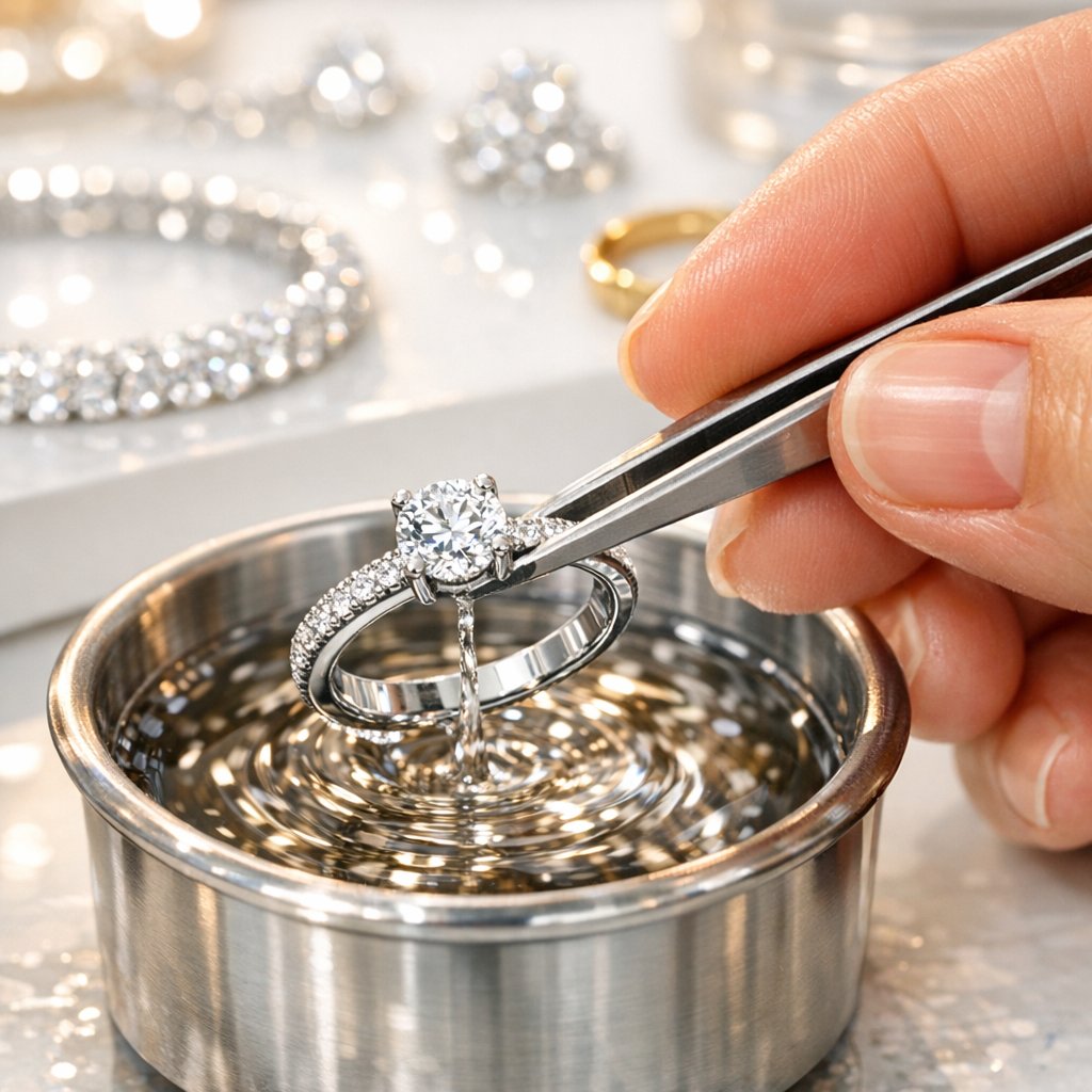 Close-up image of a white gold ring being professionally rhodium plated, showing the brilliant before and after shine.