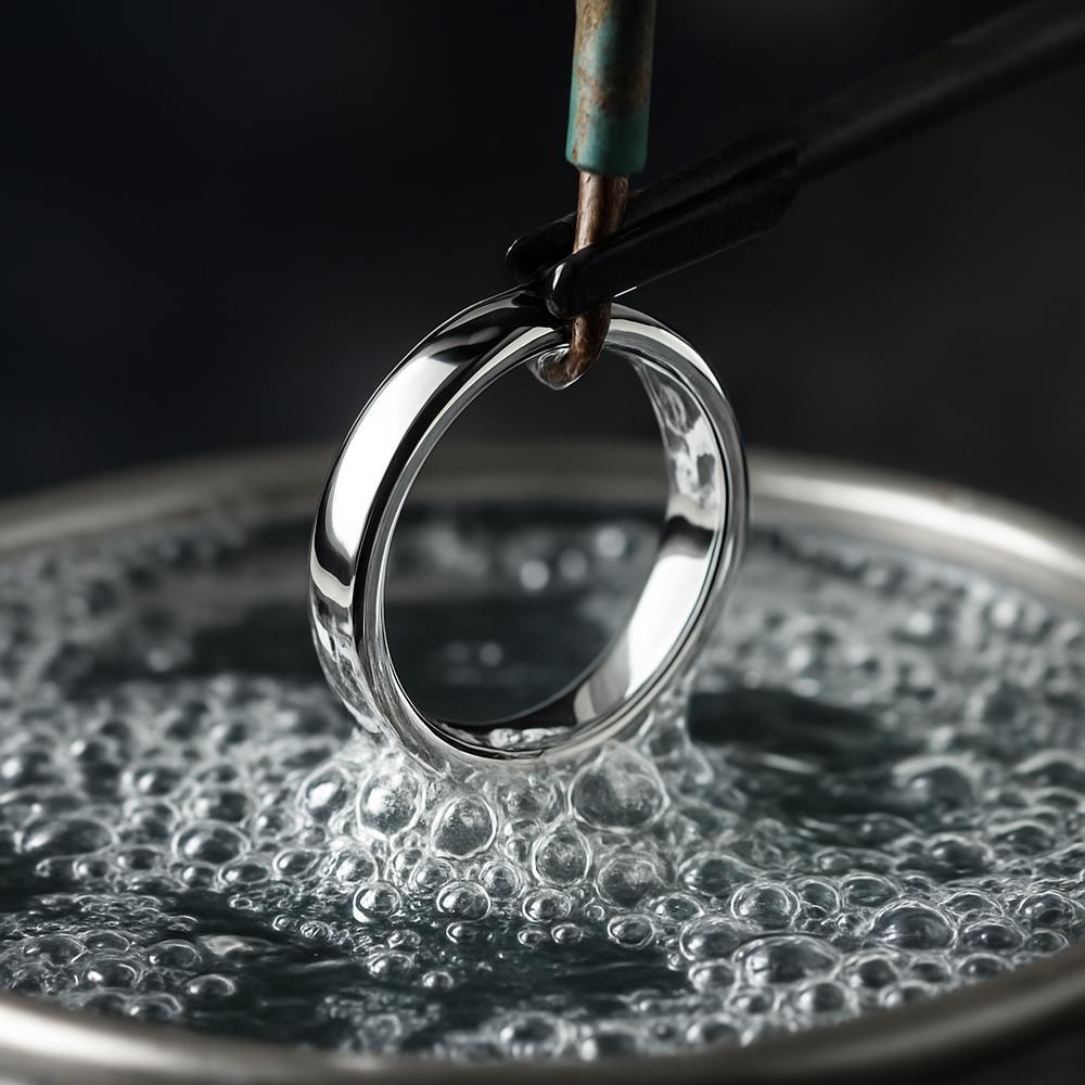 Close-up of rhodium plated white gold ring showing brilliant reflective surface