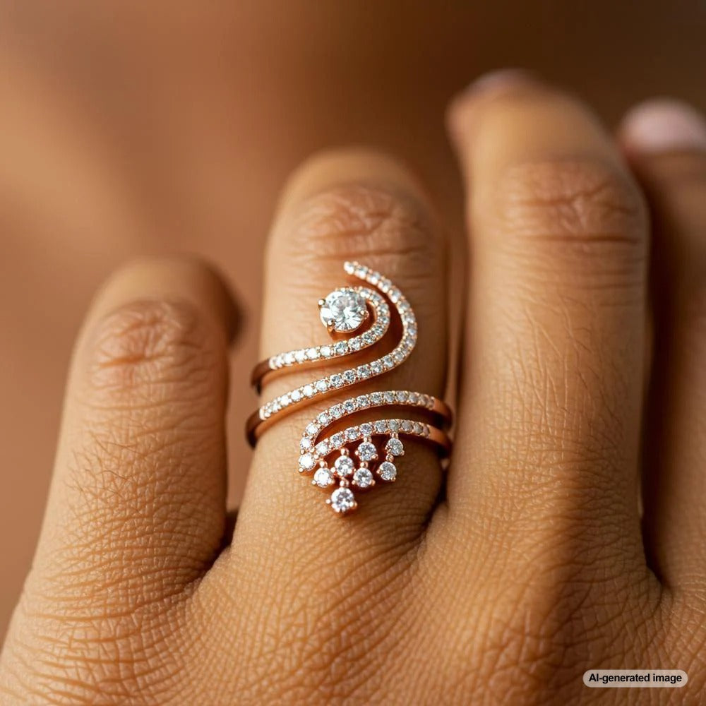 Elegant rose gold jewelry including rings, necklaces, and bracelets displayed on a velvet background