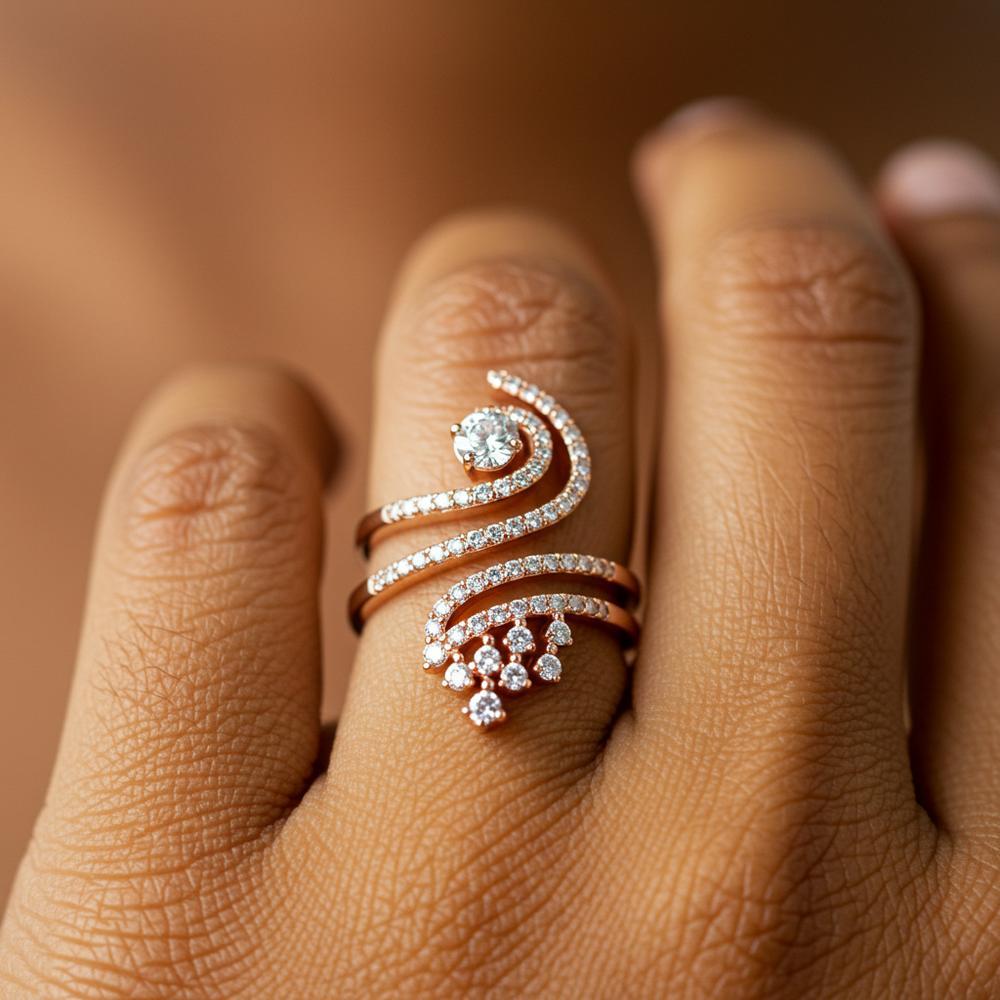 Elegant rose gold jewelry including rings, necklaces, and bracelets displayed on a velvet background