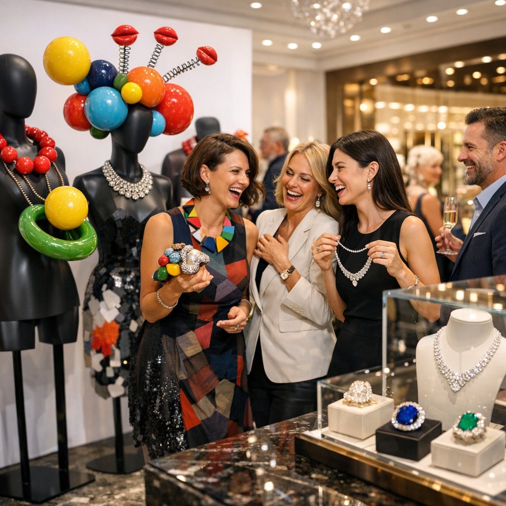 Close-up of avant-garde European art jewelry showing unconventional materials and sculptural forms