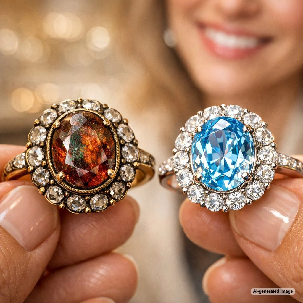 Close-up of a modern jewelry piece featuring a brilliant lab-created gemstone alongside an antique-looking sketch of a historic diamond, representing the debate between replica and original gems.