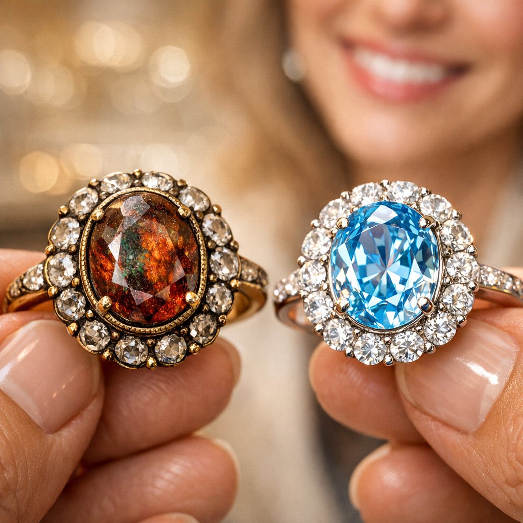 Close-up of a modern jewelry piece featuring a brilliant lab-created gemstone alongside an antique-looking sketch of a historic diamond, representing the debate between replica and original gems.