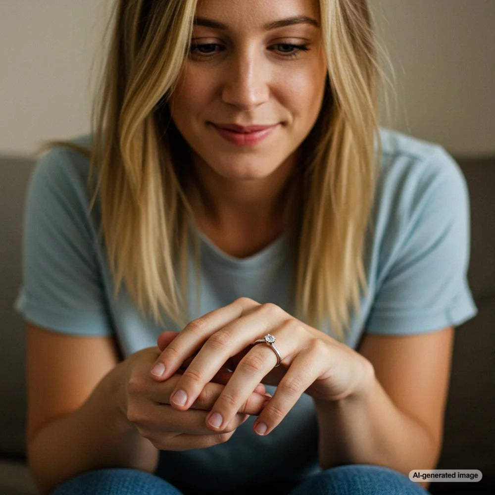 Elegant woman's hand wearing a diamond ring with a sparkling gemstone