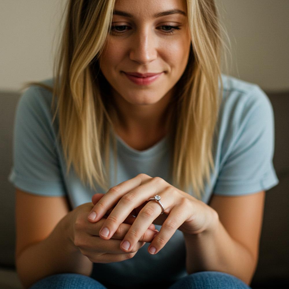 Elegant woman's hand wearing a diamond ring with a sparkling gemstone