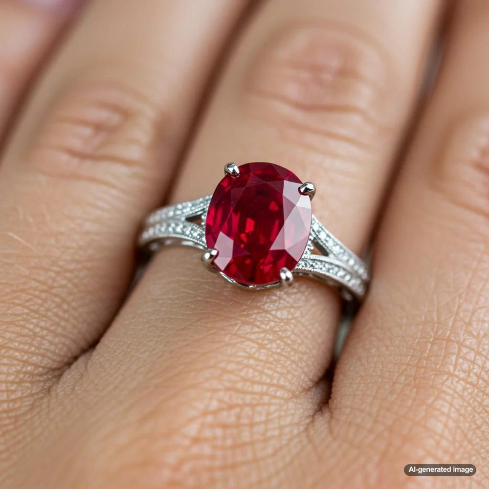A stunning oval-cut ruby set in a elegant gold ring, showcasing its deep red color and brilliance.