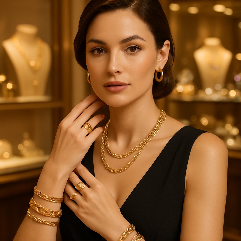 Close-up of elegant 14K gold jewelry pieces perfect for everyday wear, including rings, bracelets, and necklaces