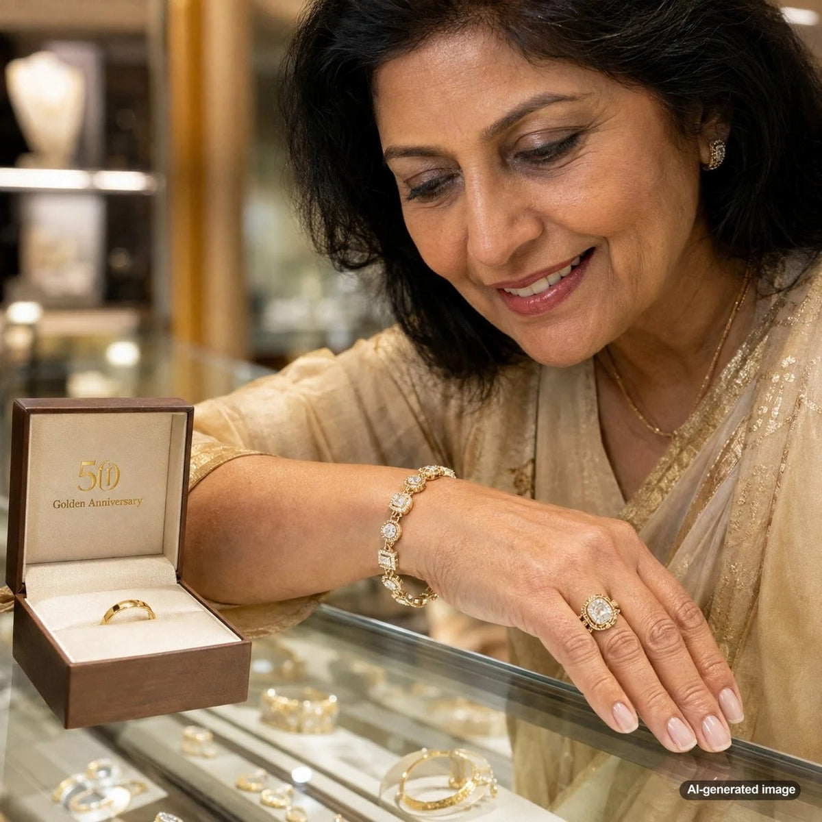 Luxury gold and diamond jewelry display for a 50th wedding anniversary celebration