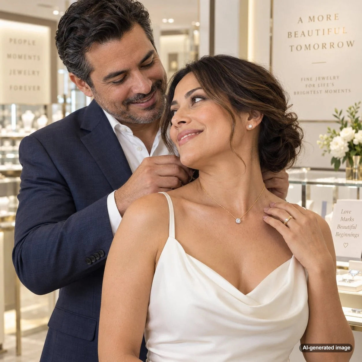 Elegant first wedding anniversary jewelry gift presented in a romantic setting
