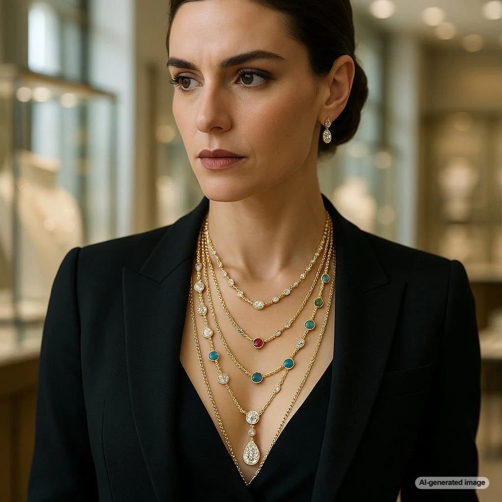 Woman wearing layered gold necklaces at different lengths for everyday style