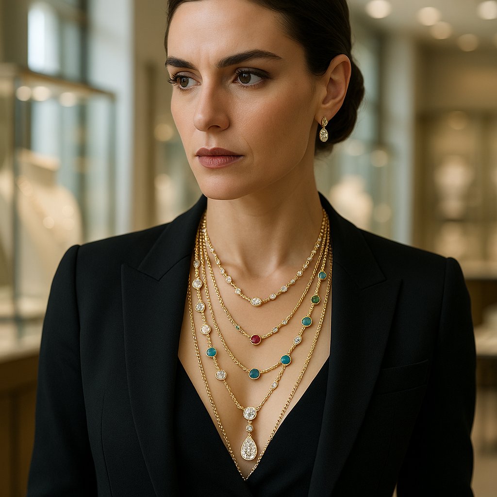 Woman wearing layered gold necklaces at different lengths for everyday style
