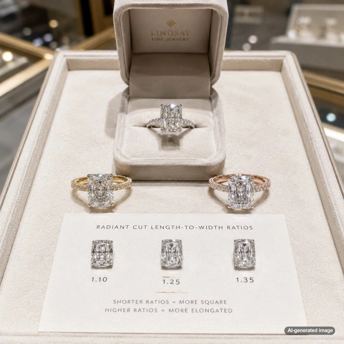 Radiant cut diamond engagement ring showcasing perfect length-to-width ratio for maximum brilliance and finger-flattering shape.