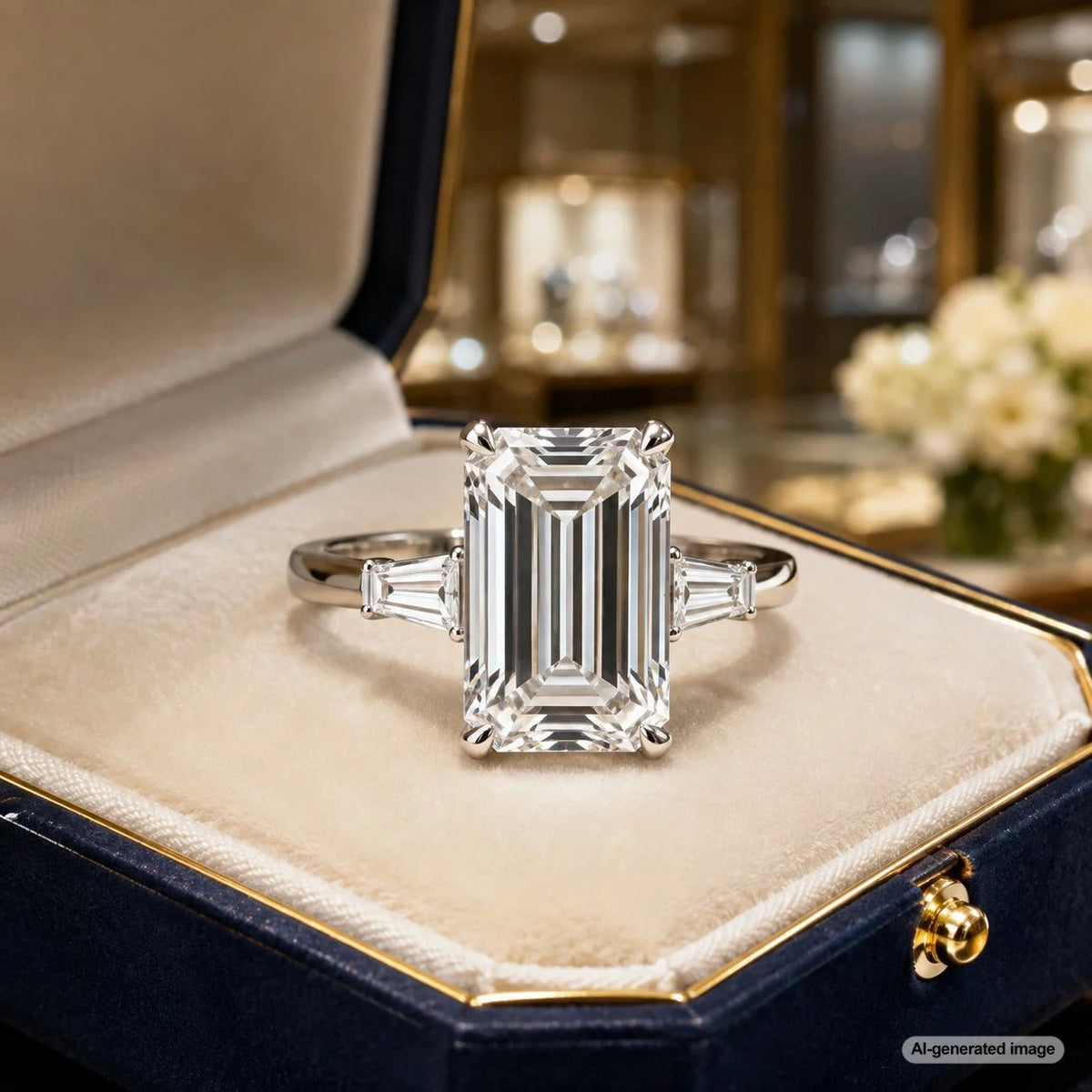 An elegant emerald cut diamond engagement ring showcased on a hand, highlighting its classic rectangular length-to-width ratio and sophisticated step-cut facets.