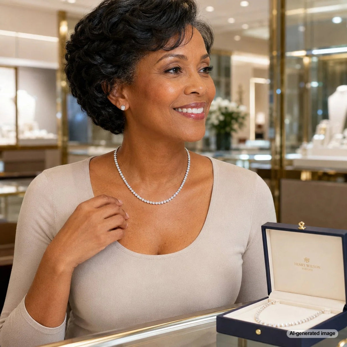 A sophisticated woman wearing a scoop neck top and a beautifully layered necklace, demonstrating the perfect necklace length from Robinson's Jewelers.