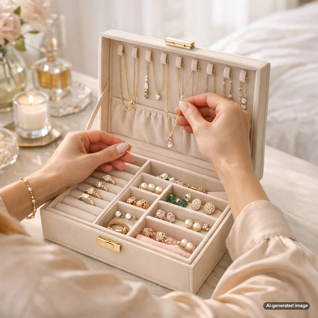 An organized jewelry box with separate compartments for rings, necklaces, and earrings, showcasing the best way to prevent tangles and scratches.