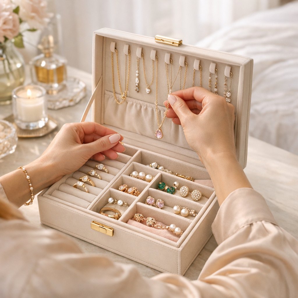 An organized jewelry box with separate compartments for rings, necklaces, and earrings, showcasing the best way to prevent tangles and scratches.
