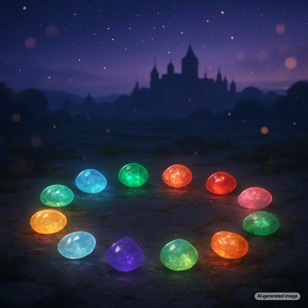 Twelve colorful gemstones arranged in a circle, representing the biblical foundation stones, with light reflecting off their facets