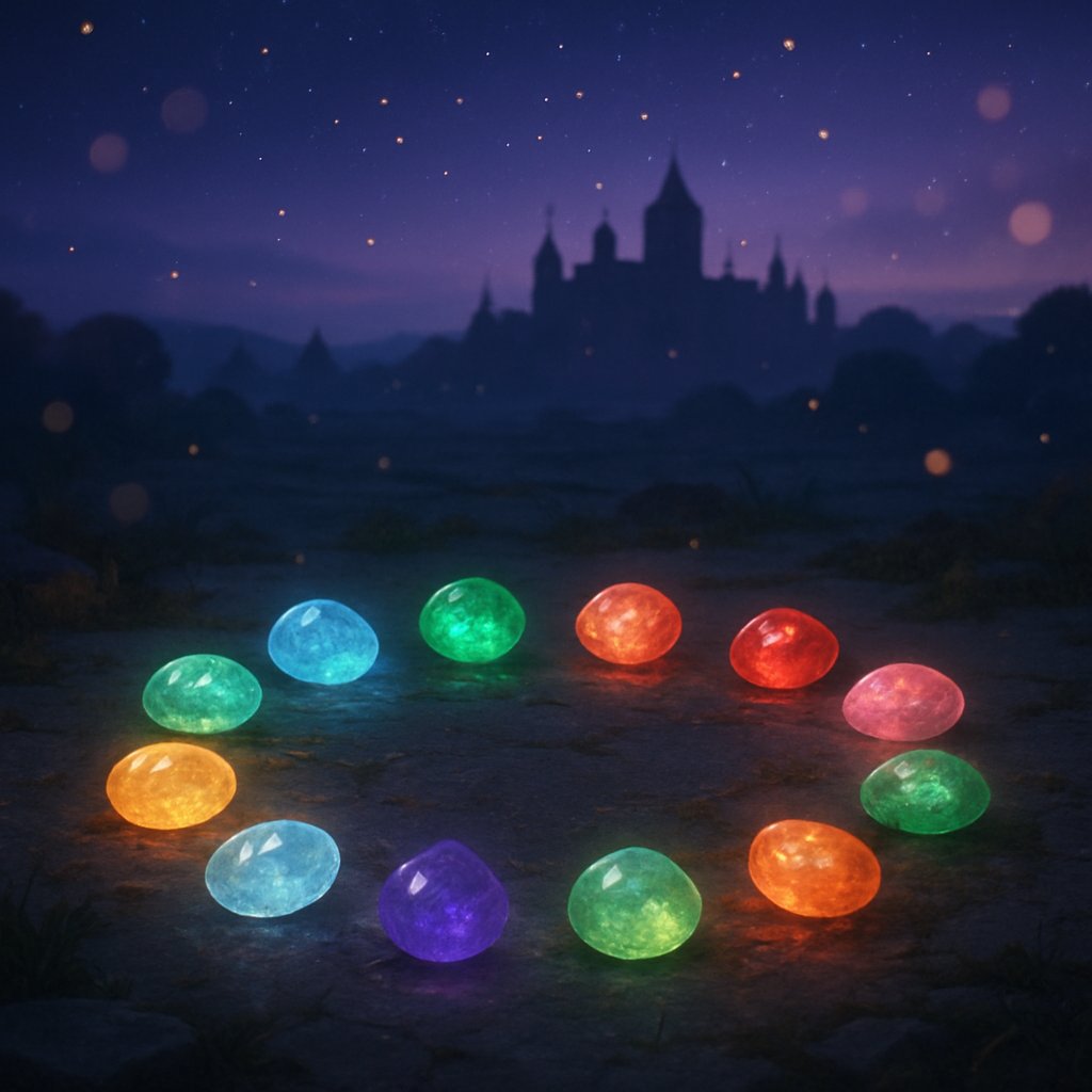 Twelve colorful gemstones arranged in a circle, representing the biblical foundation stones, with light reflecting off their facets