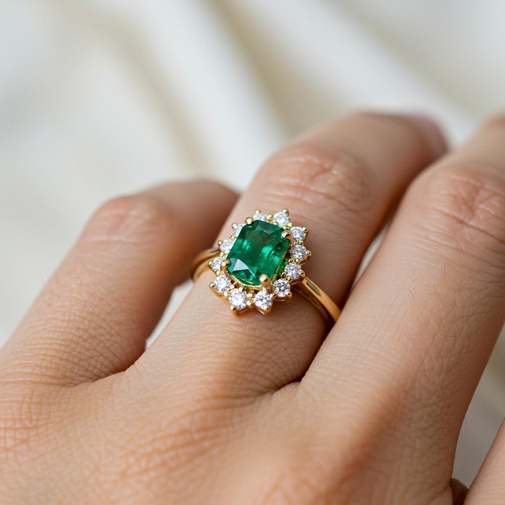 Luxurious emerald birthstone jewelry for May, featuring rings, necklaces, and earrings