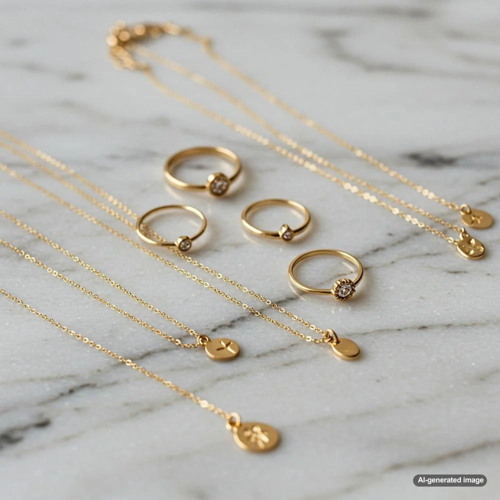 Comparison of 14k and 18k gold jewelry showcasing rings, necklaces, and bracelets